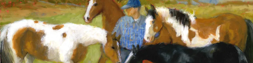 Painting of Dad in his plaid shirt among his horses